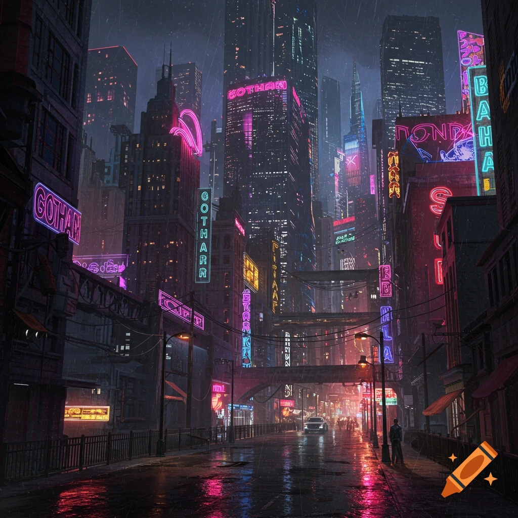 Gotham-themed city with neon lights and a blend of 70s, 80s, and contemporary aesthetics