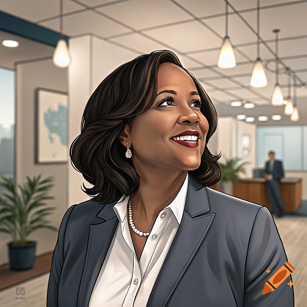 Illustration of a smiling woman in a business suit and pearl necklace in an office.