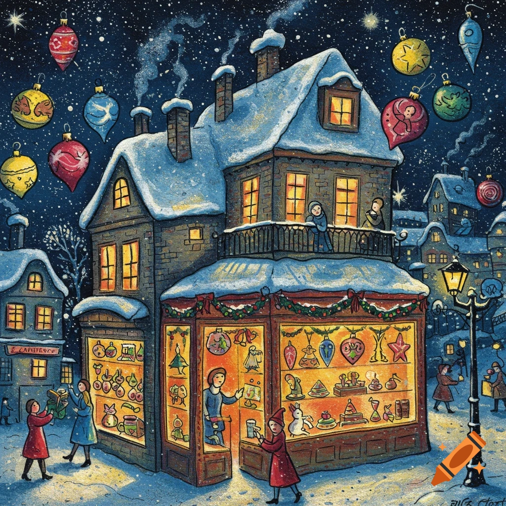 Winter scene of a Christmas ornament store at night with people, floating ornaments, in a painted style.