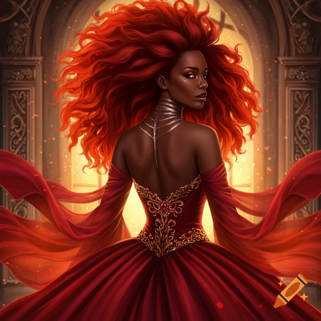 Portrait of a Black woman with flaming red hair in a red fantasy ballgown.