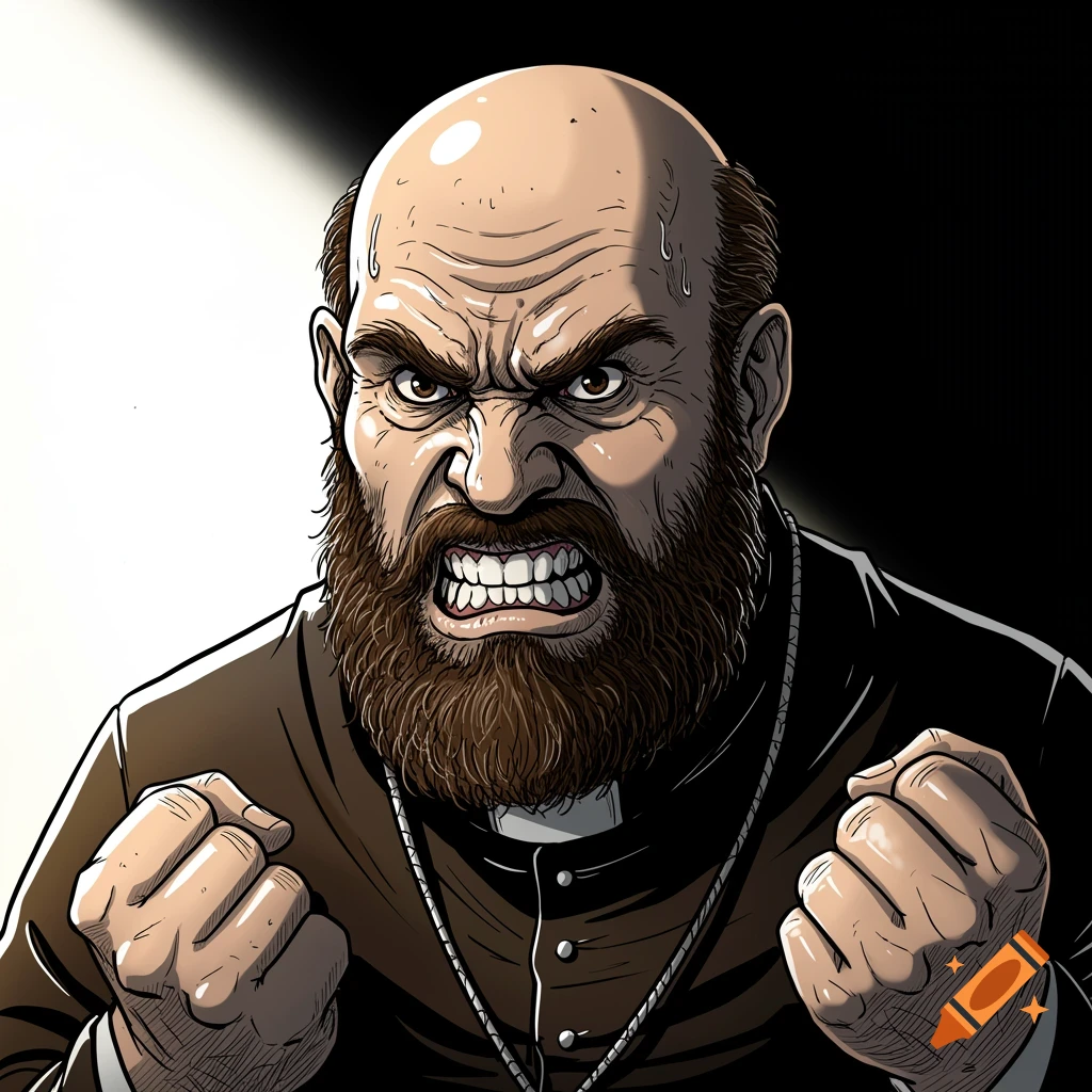 Illustration of an angry bald man with a beard wearing a priest's collar, clenching fists.