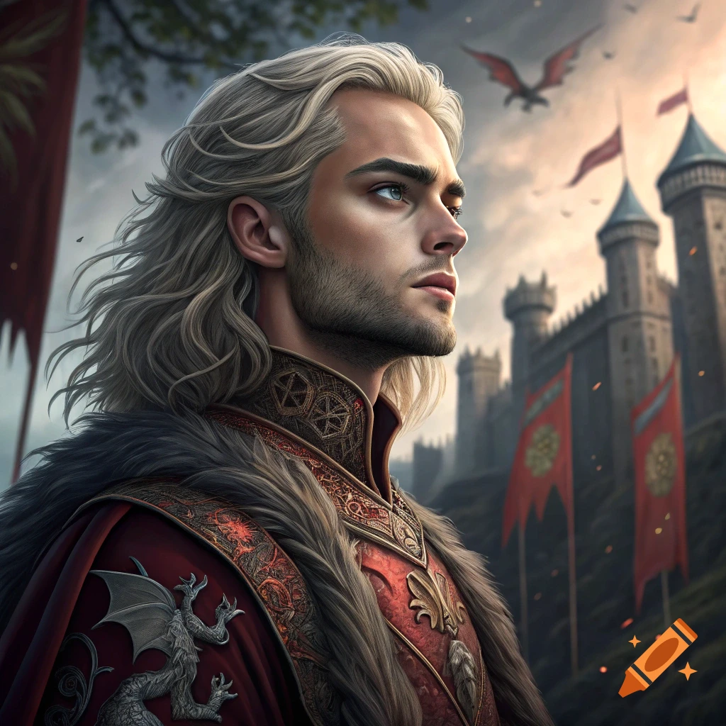 Realistic depiction of a man with long white hair and red/fur coat looking towards a castle with dragons in the sky.
