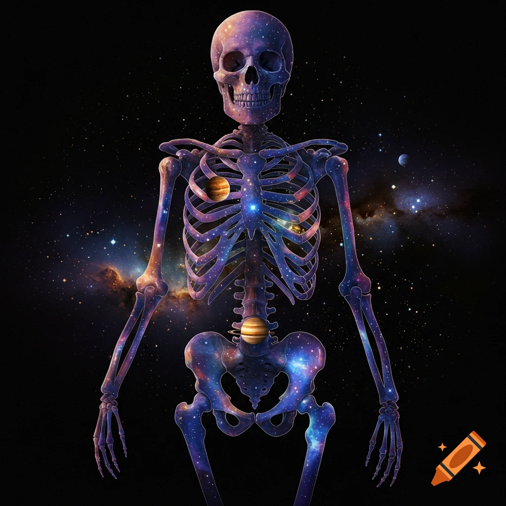 Skeleton filled with starry galaxy and planets against a dark space background.