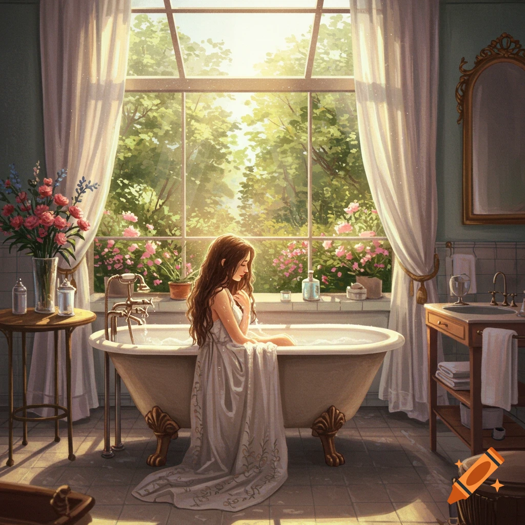 An artistic illustration of a woman bathing in a sunlit bathroom with a large window overlooking a garden.