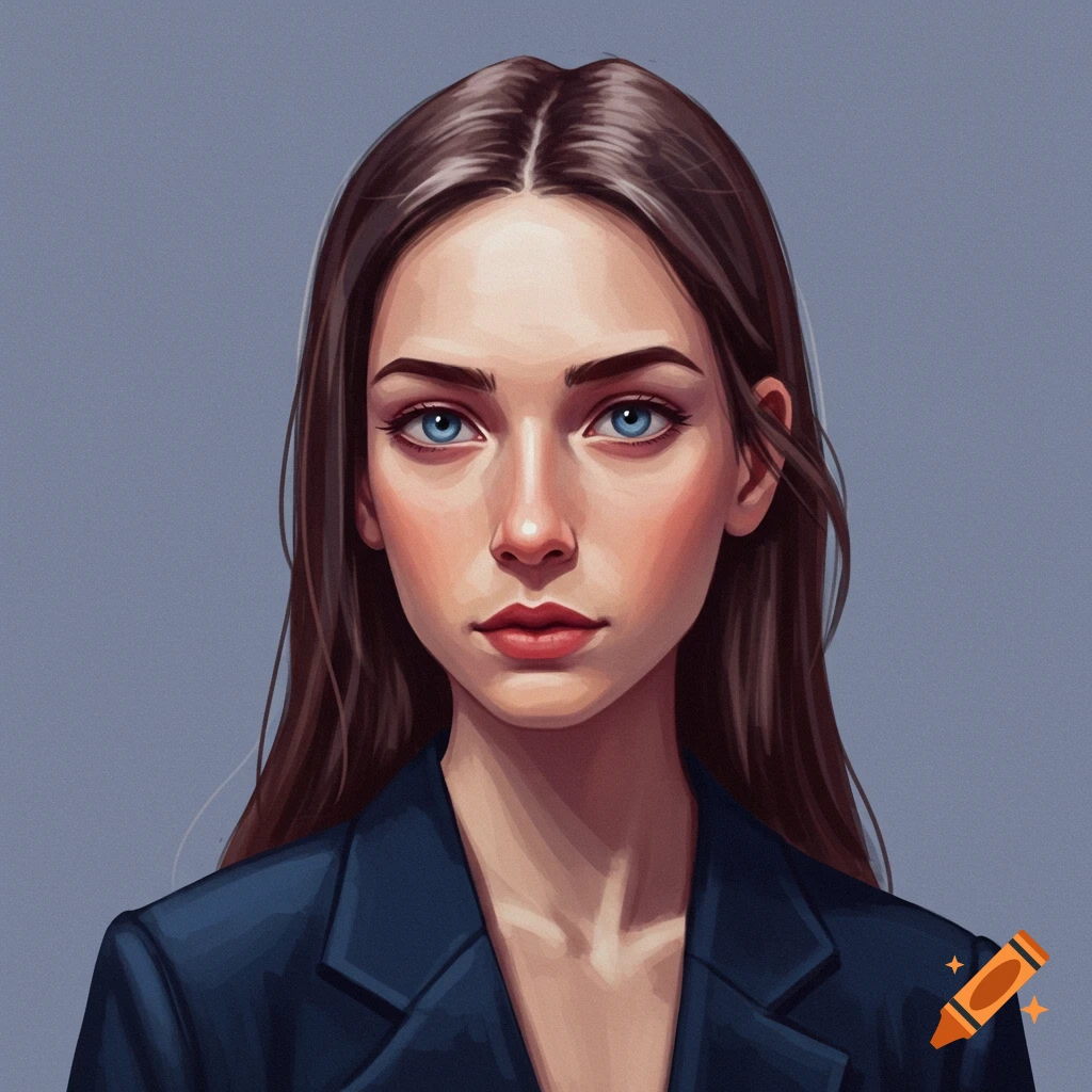 Portrait of a young woman with long brown hair and blue eyes, wearing a dark blazer.