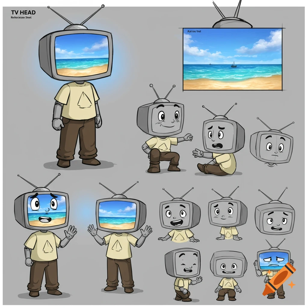 Character reference sheet showing a cartoon character with a TV for a head in various poses and expressions.
