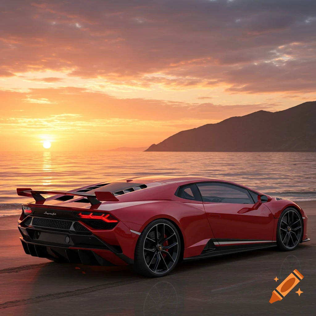 A red Lamborghini parked on a beach during a sunset.