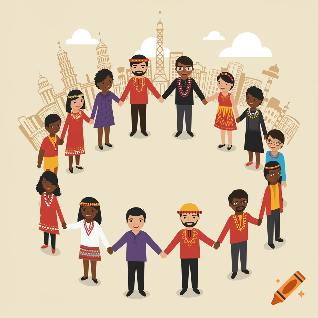 Diverse group of people holding hands in a circle, cultural backgrounds