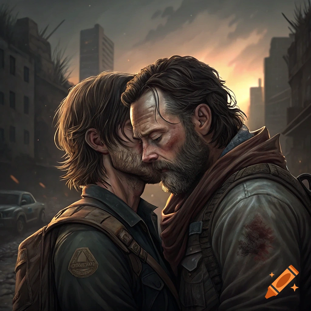 Daryl Dixon and Rick Grimes fan art image of them kissing. The Walking Dead characters art work representation of them in a relationship. LGBTQ representation of the popular television show The Walking Dead created by AMC Networks Entertainment in the fantasy horror genre.