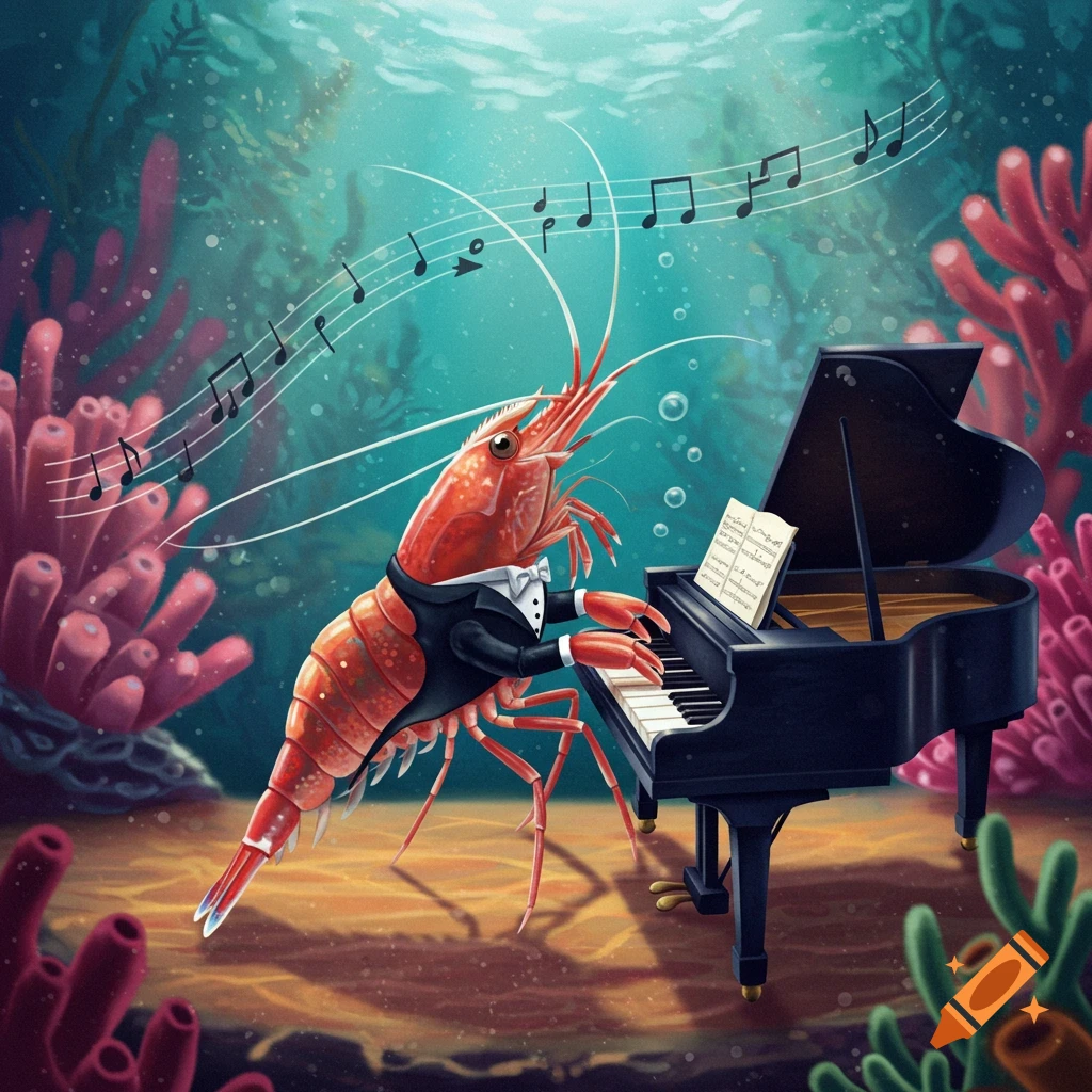 Cartoon shrimp in a tuxedo plays a grand piano underwater with musical notes floating above.