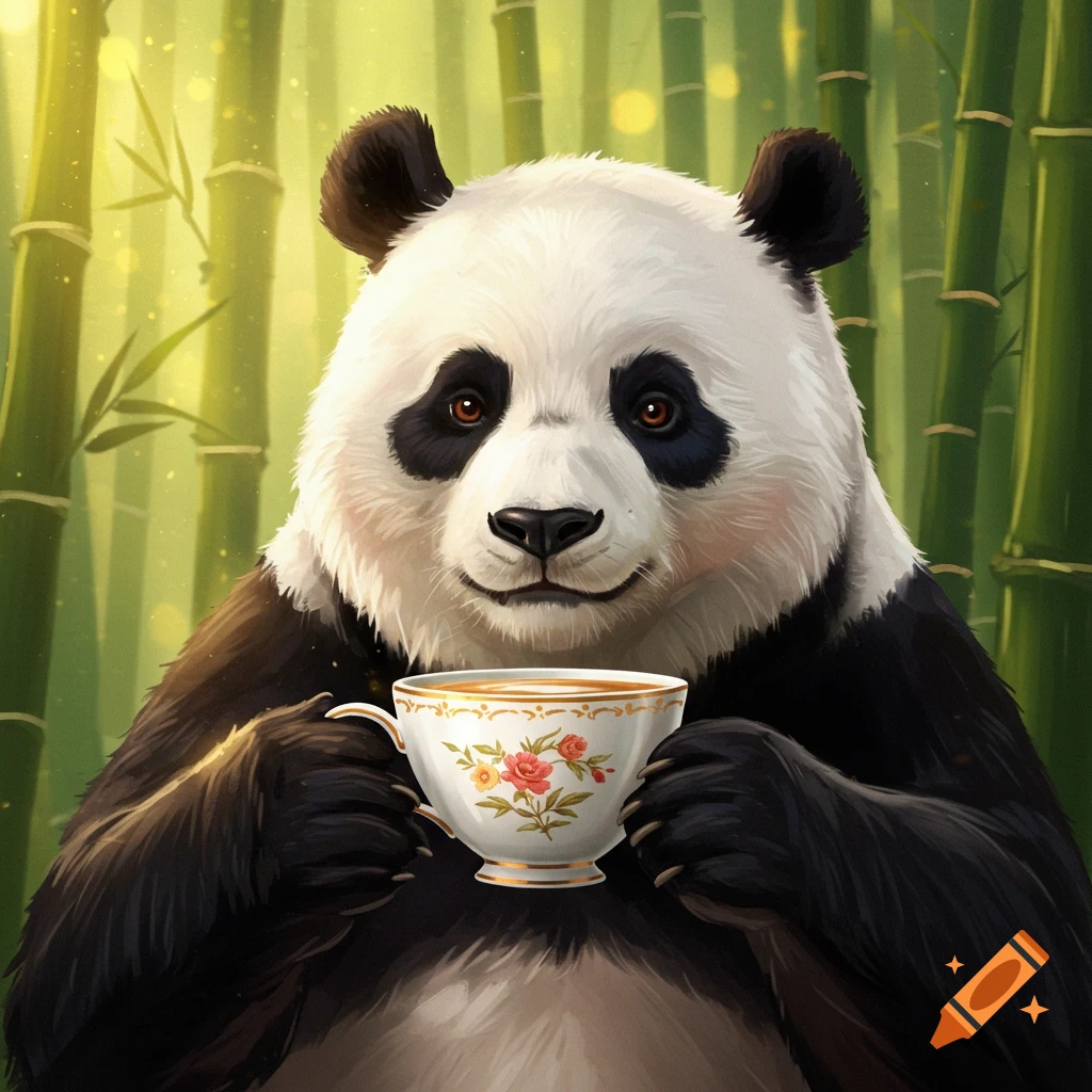 Panda with a cup of coffee