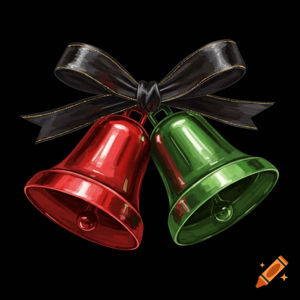 Red and green Christmas bells with ribbon on black background