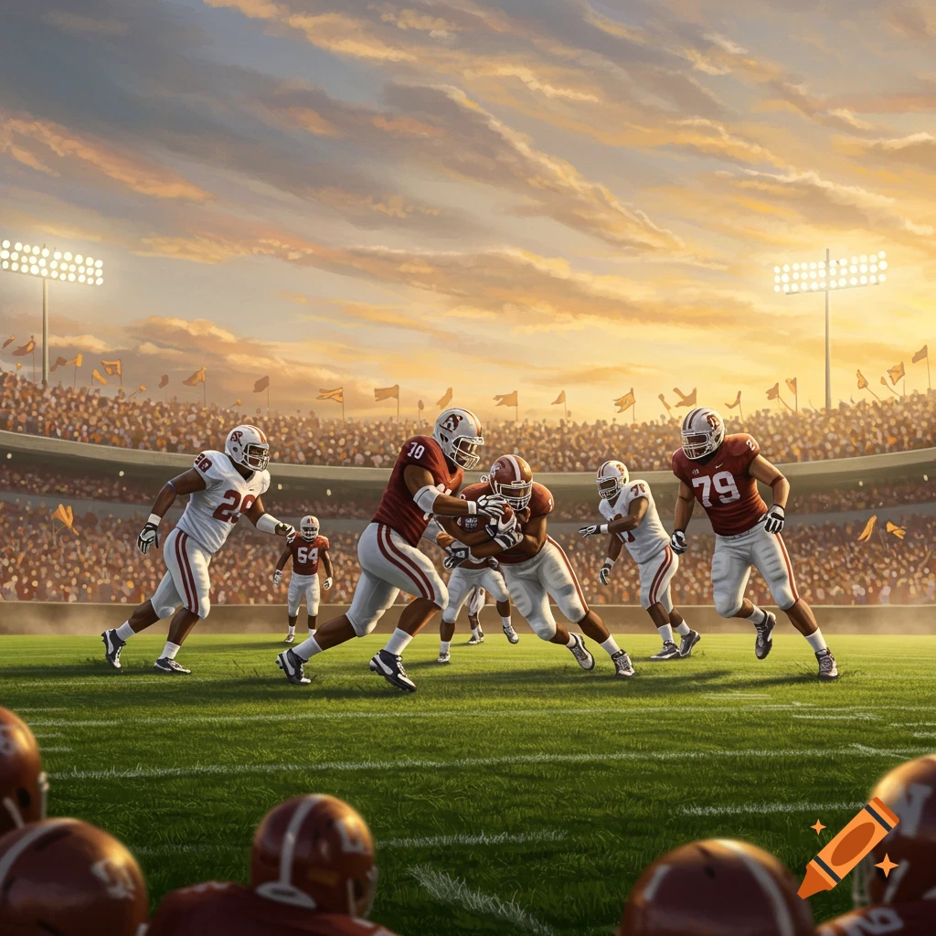 American football players in red and white uniforms compete in a stadium during sunset.