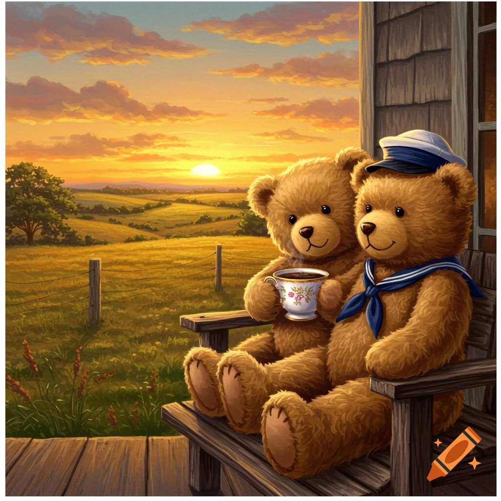 Illustration of two teddy bears enjoying coffee at sunset.