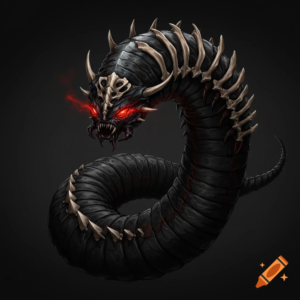A dark segmented worm-like creature with red glowing eyes and bone spikes along its body.