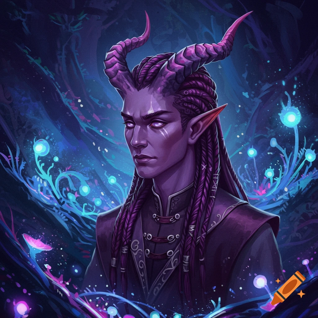 Digital art portrait of a purple-skinned elf with large horns and braids in a mystical forest.