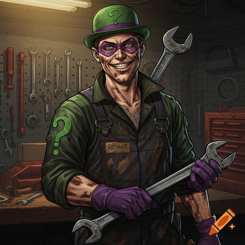 The Riddler dressed as a mechanic smiles while holding wrenches in a workshop.