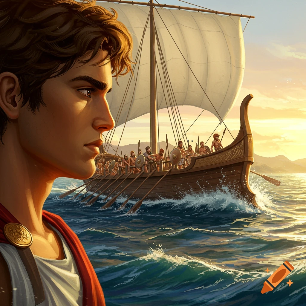 Illustration of a young man watching an ancient Greek trireme sail on the sea at sunset