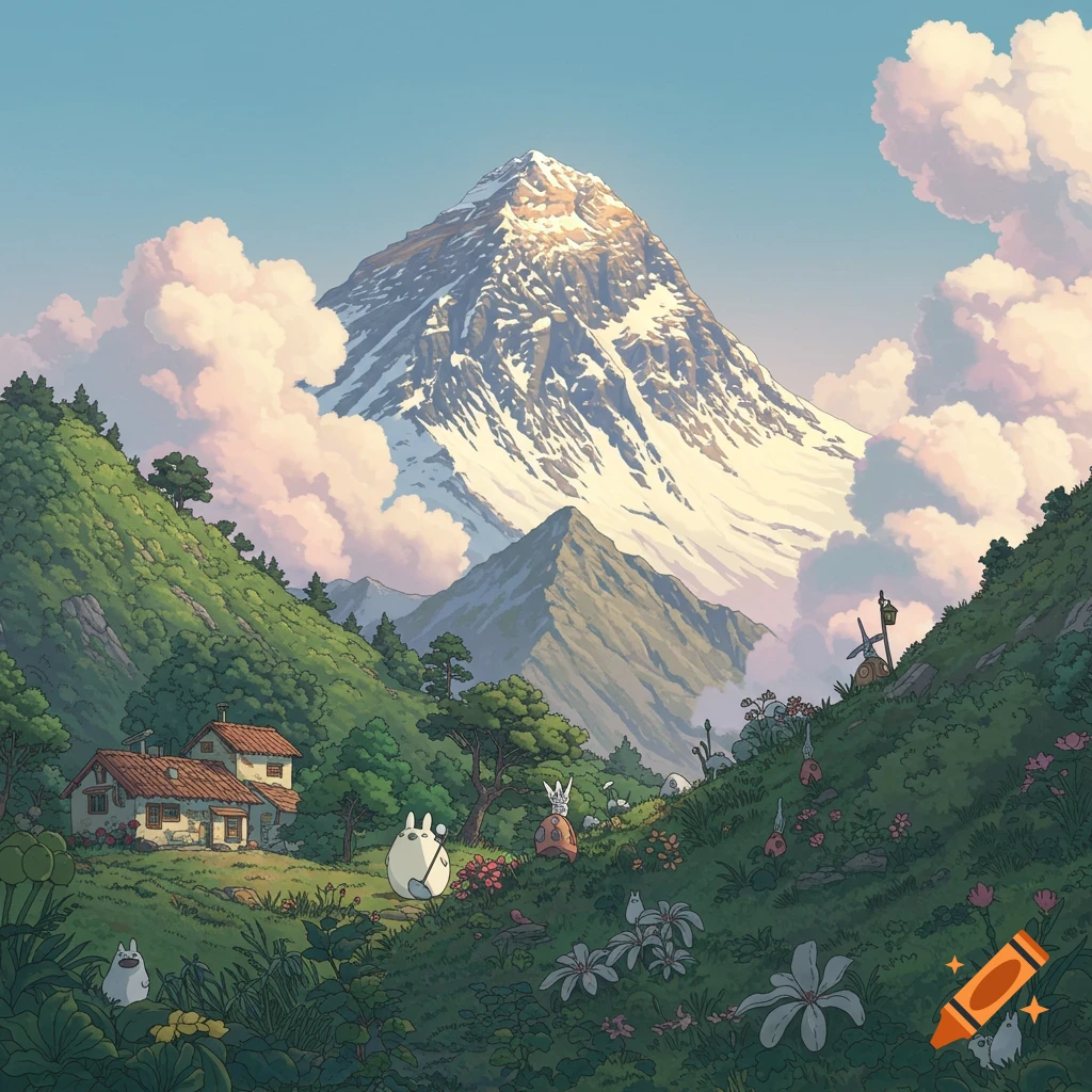 Anime landscape with a snowy mountain, valley, house, flowers, and Totoro-like creatures.