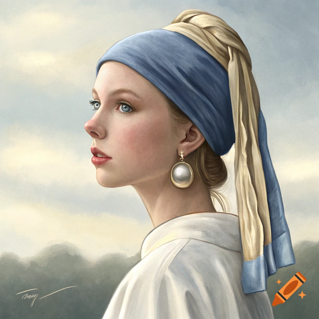 Portrait of a young woman with a blue and gold headscarf and large pearl earring, in the style of 'Girl with a Pearl Earring'.