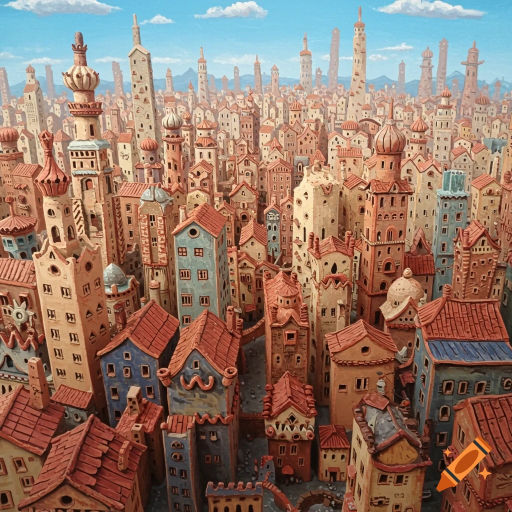High-angle view of a dense, colorful city with uniquely shaped buildings, towers, and domes, in a detailed illustration style.