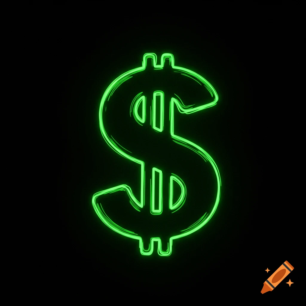A green neon dollar sign on a black background.