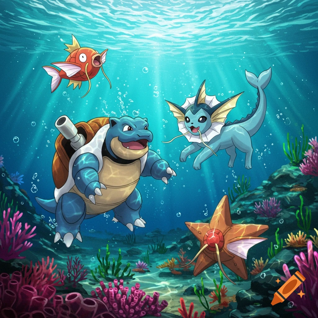 Blastoise, Vaporeon, Magikarp, and Starmie swim together underwater near colorful coral.