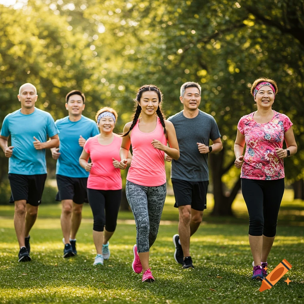 A group of people jogging together in a sunny park.