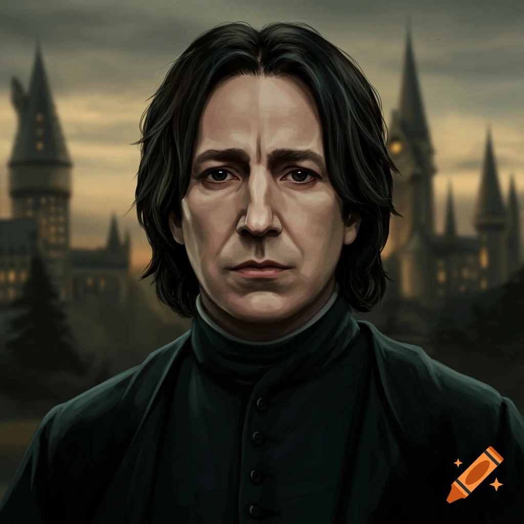 A detailed portrait of a man resembling Professor Snape with dark hair and robes, standing before a castle at dusk.
