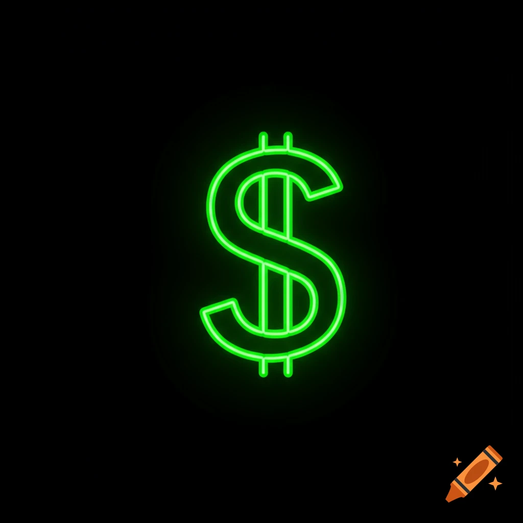 Green neon dollar sign on a black background.