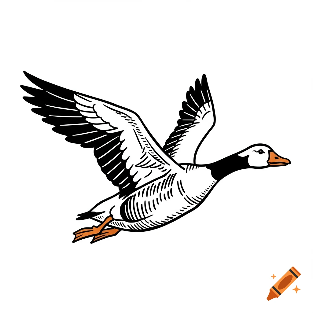 Black and white clip art of a flying goose