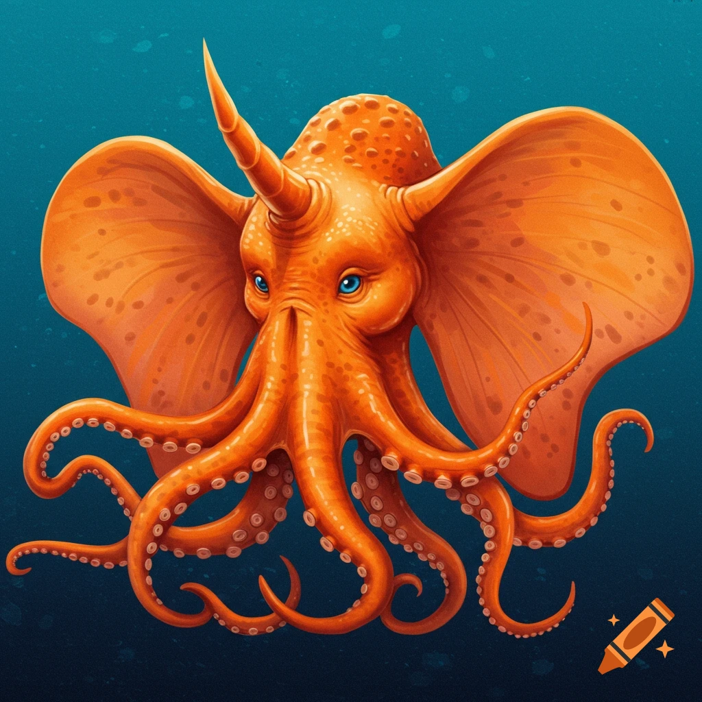 Orange fantasy creature with tentacles, large fins, and a horn swims underwater.