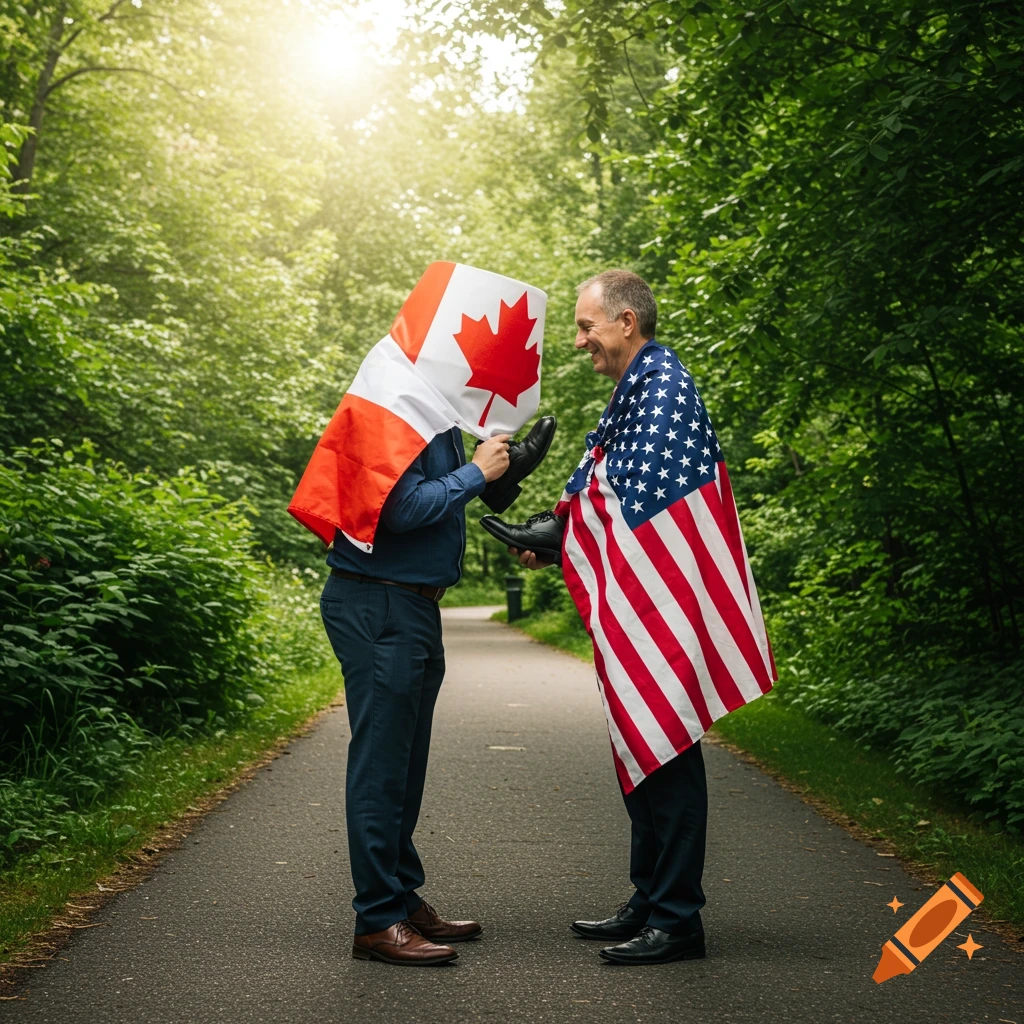 Two men wrapped in Canadian and American flags stand on a park path holding shoes towards each other.