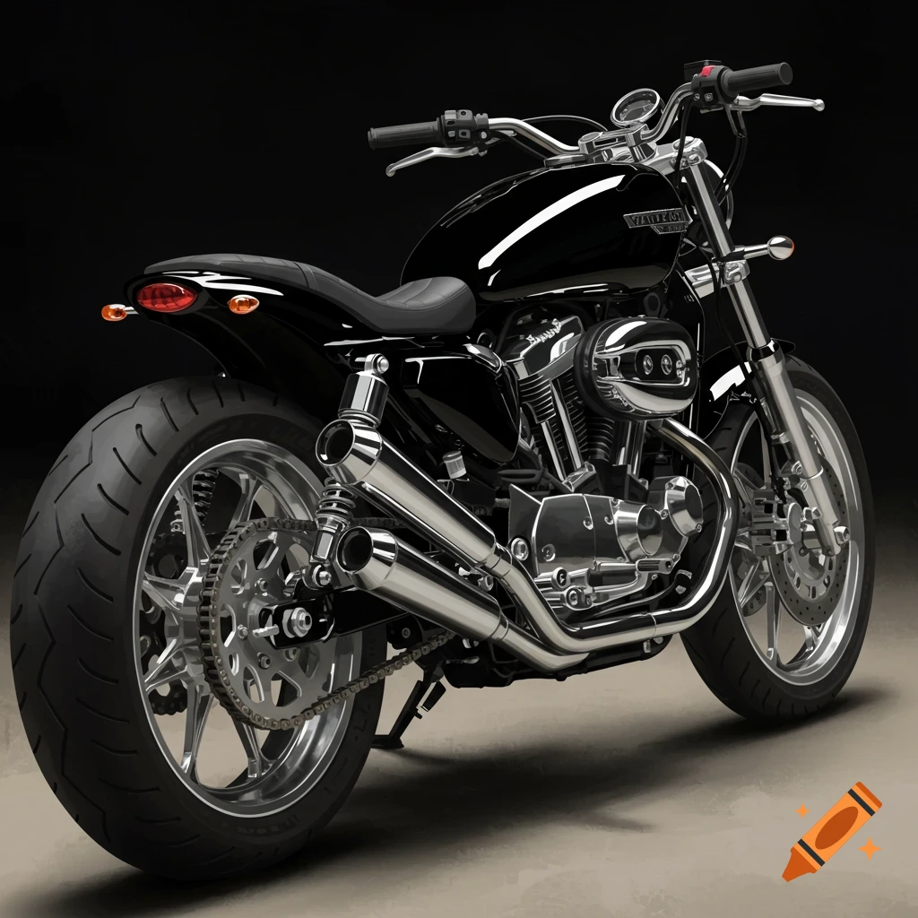 A black motorcycle is shown from the rear three-quarter view.