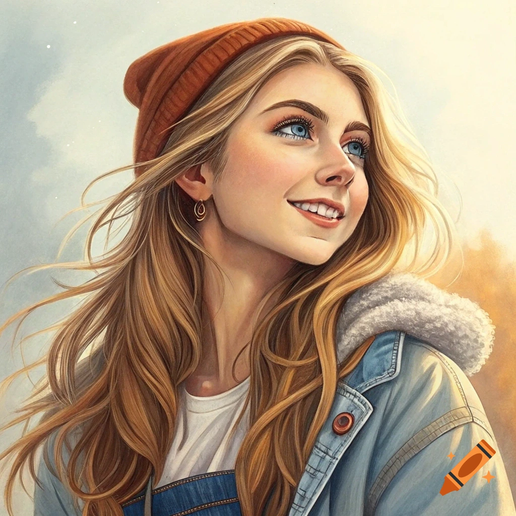 Portrait of a young woman with blonde hair, blue eyes, wearing a beanie and denim jacket, smiling and looking up.