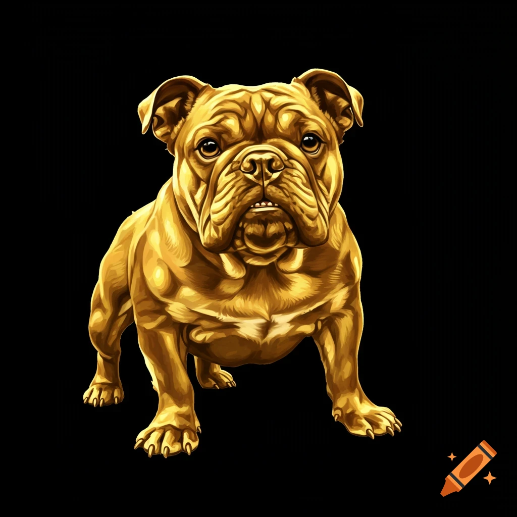 A stylized gold bulldog on a black background.