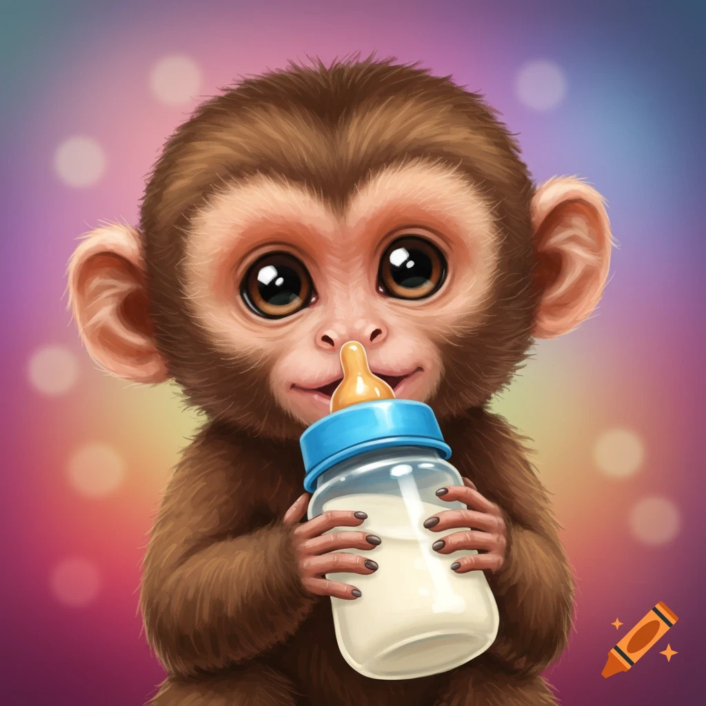 Cute monkey holding a baby bottle