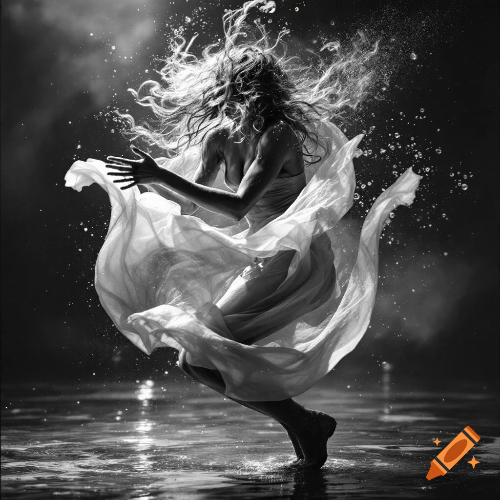 Black and white image of a figure dancing in water with fabric and splashing water around them.