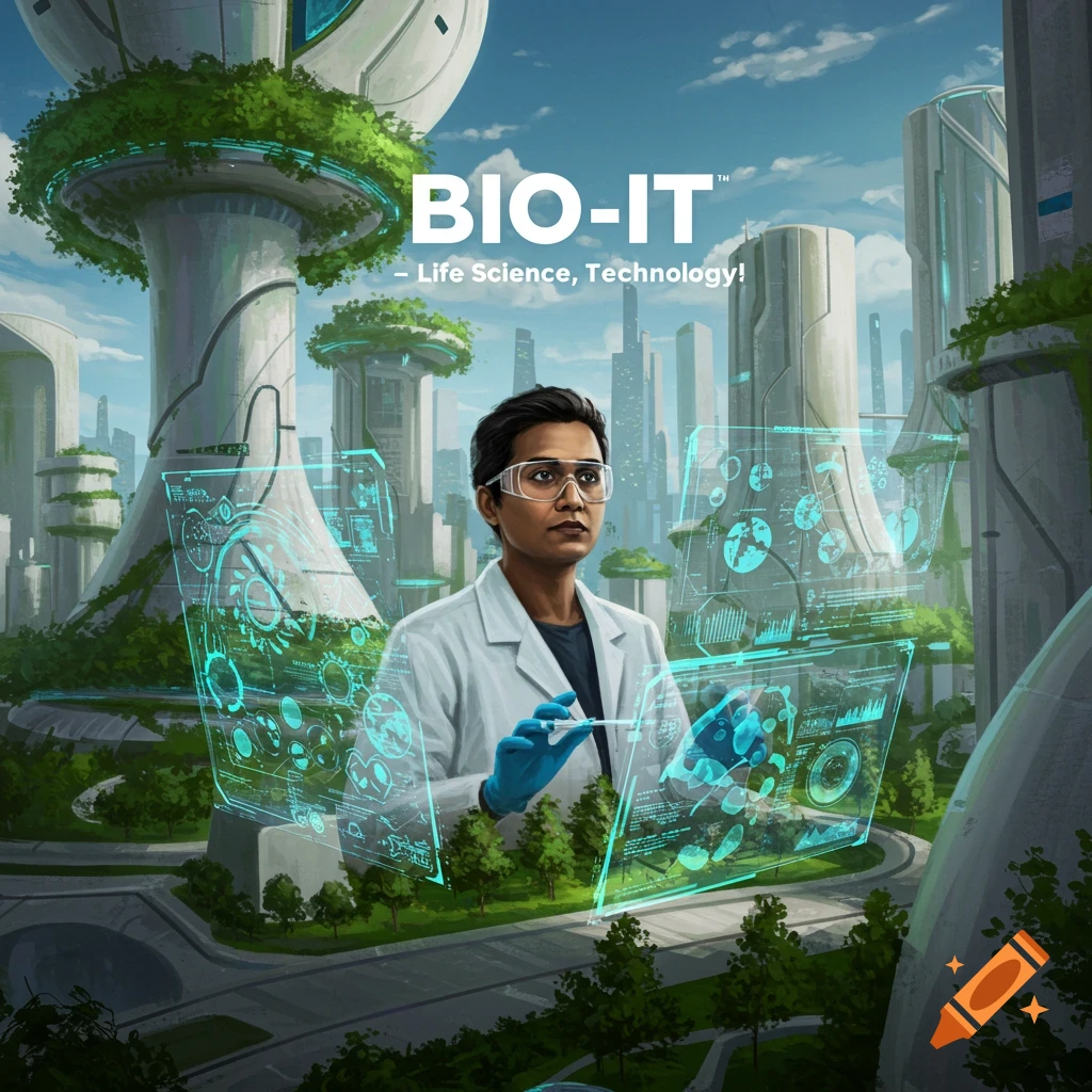 Scientist in lab coat and goggles interacting with holographic displays in a futuristic city.