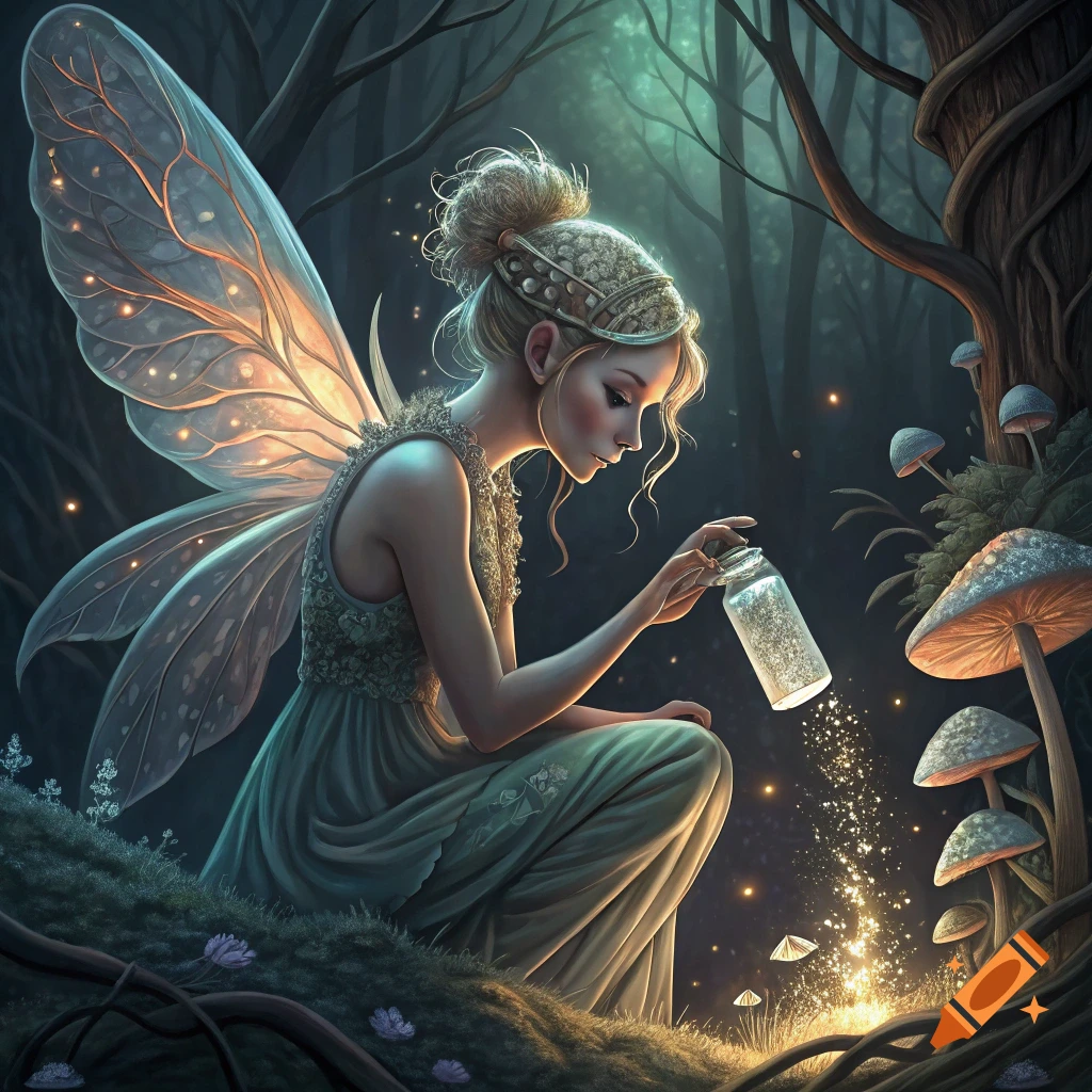 A fairy crouches in a dark forest, pouring sparkling light from a bottle near glowing mushrooms.