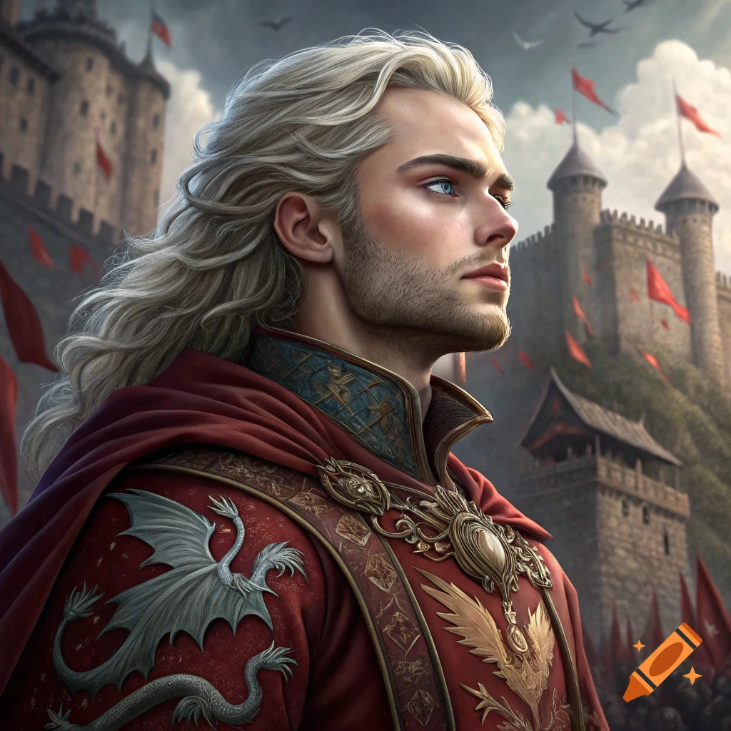 Portrait of a man with long blonde hair in fantasy armor before a castle