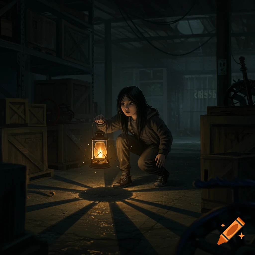 A young girl holds a lantern, casting shadows in a dark, cluttered warehouse.