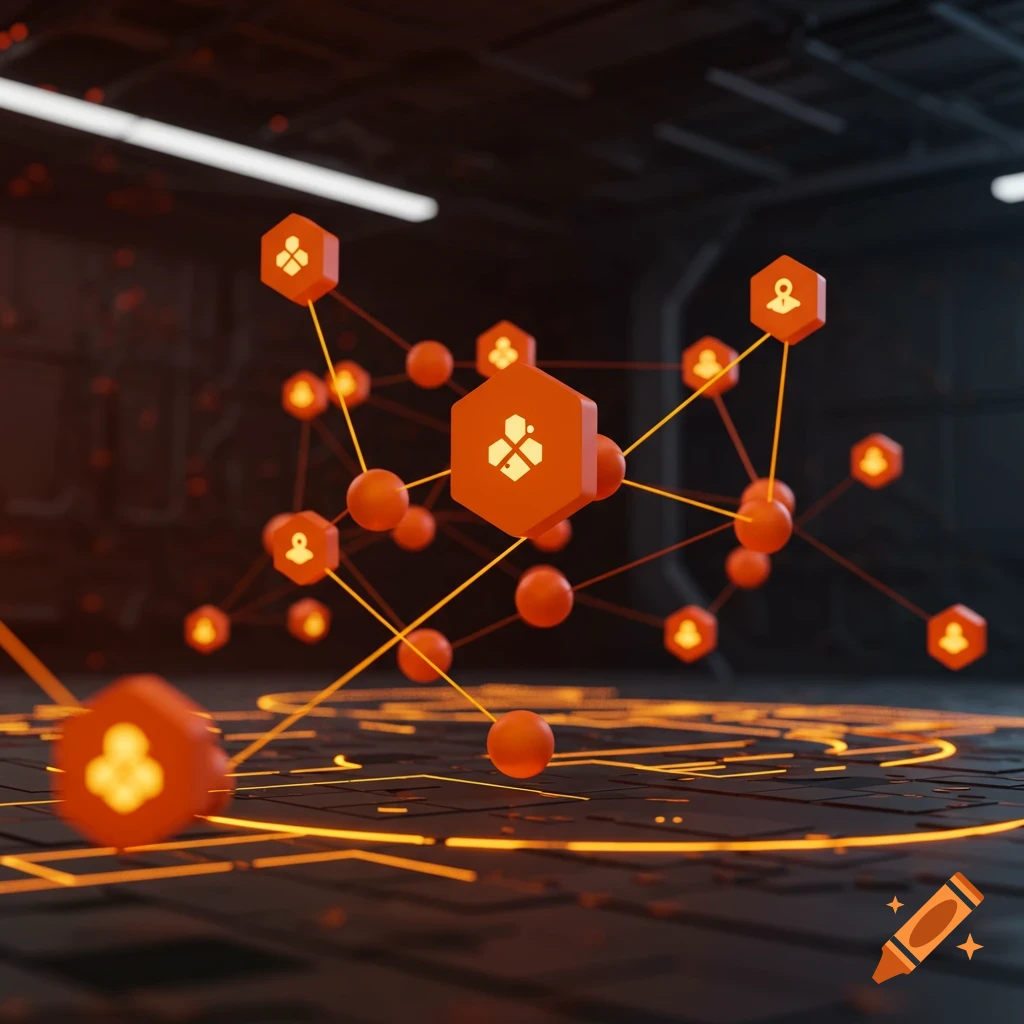 A 3D render of an orange network of hexagonal and spherical nodes connected by lines in a dark, futuristic space.