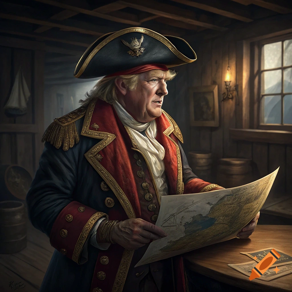 Donald Trump dressed as a pirate looking at a map
