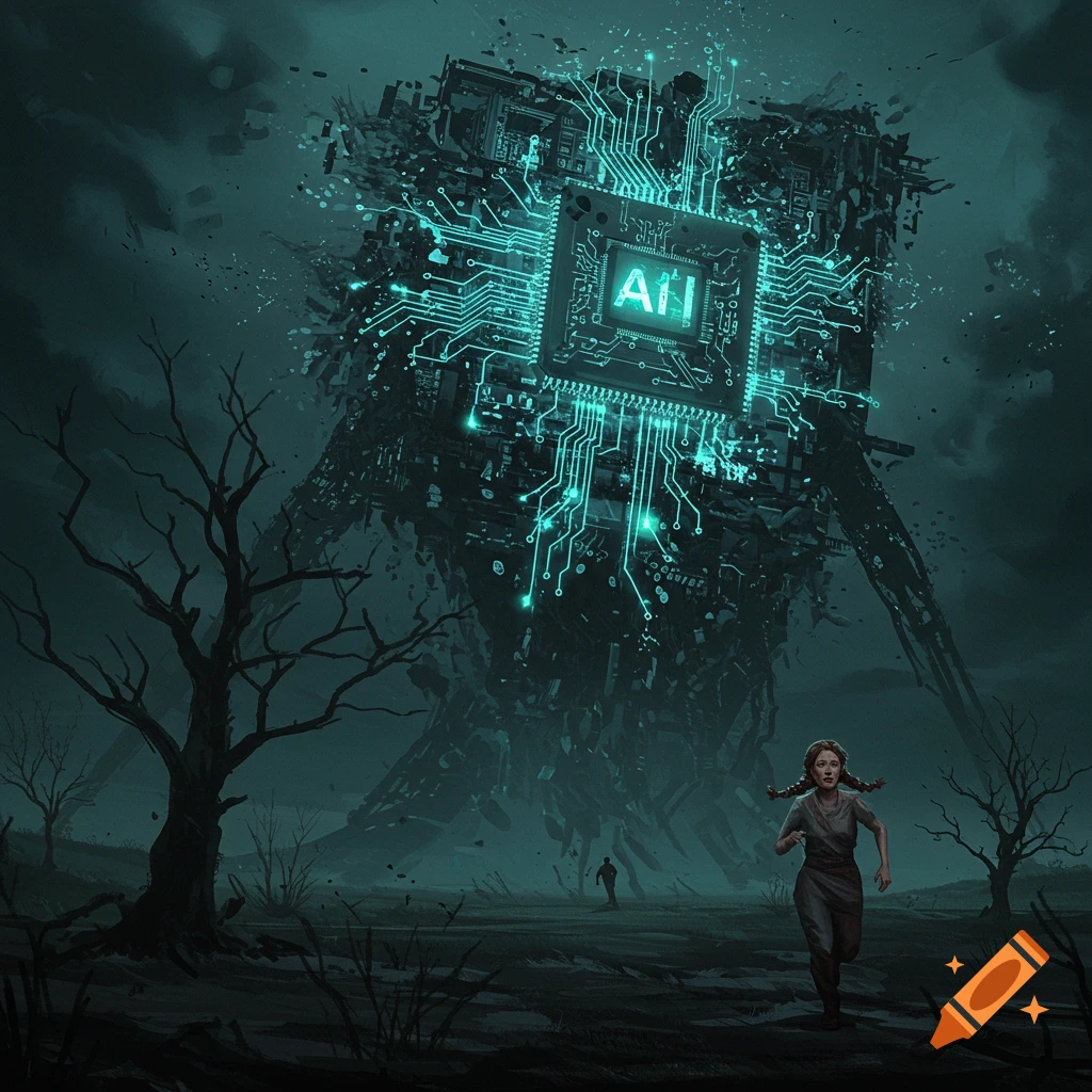 A person runs from a giant robot-like AI structure with glowing circuits in a dark, desolate landscape.