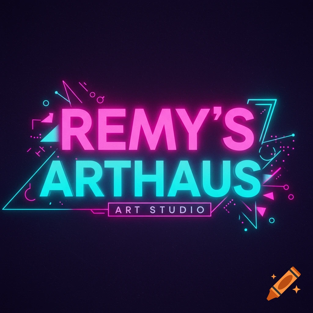 Neon futuristic logo for Remy's Arthaus Art Studio with geometric lines.