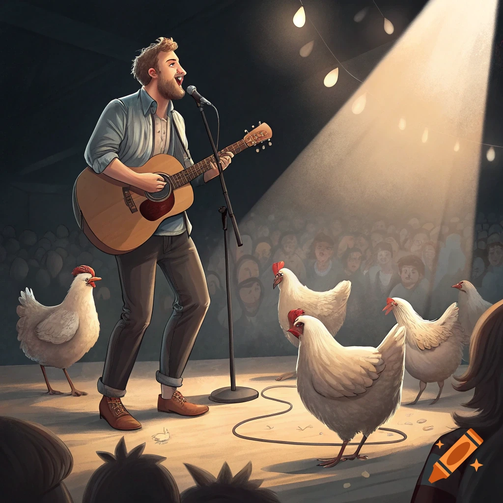 Illustration of a man playing guitar and singing on stage with chickens in front of an audience.