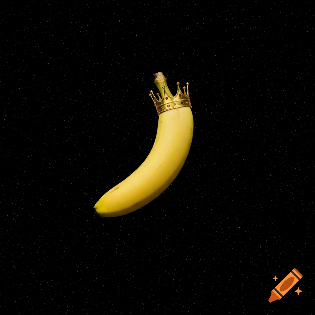 A banana wearing a crown floats in space.