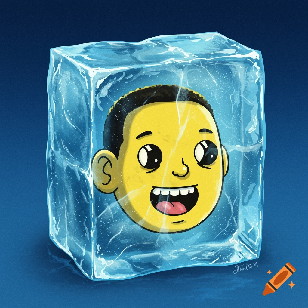 Cartoon face frozen inside a block of ice, illustrated style.