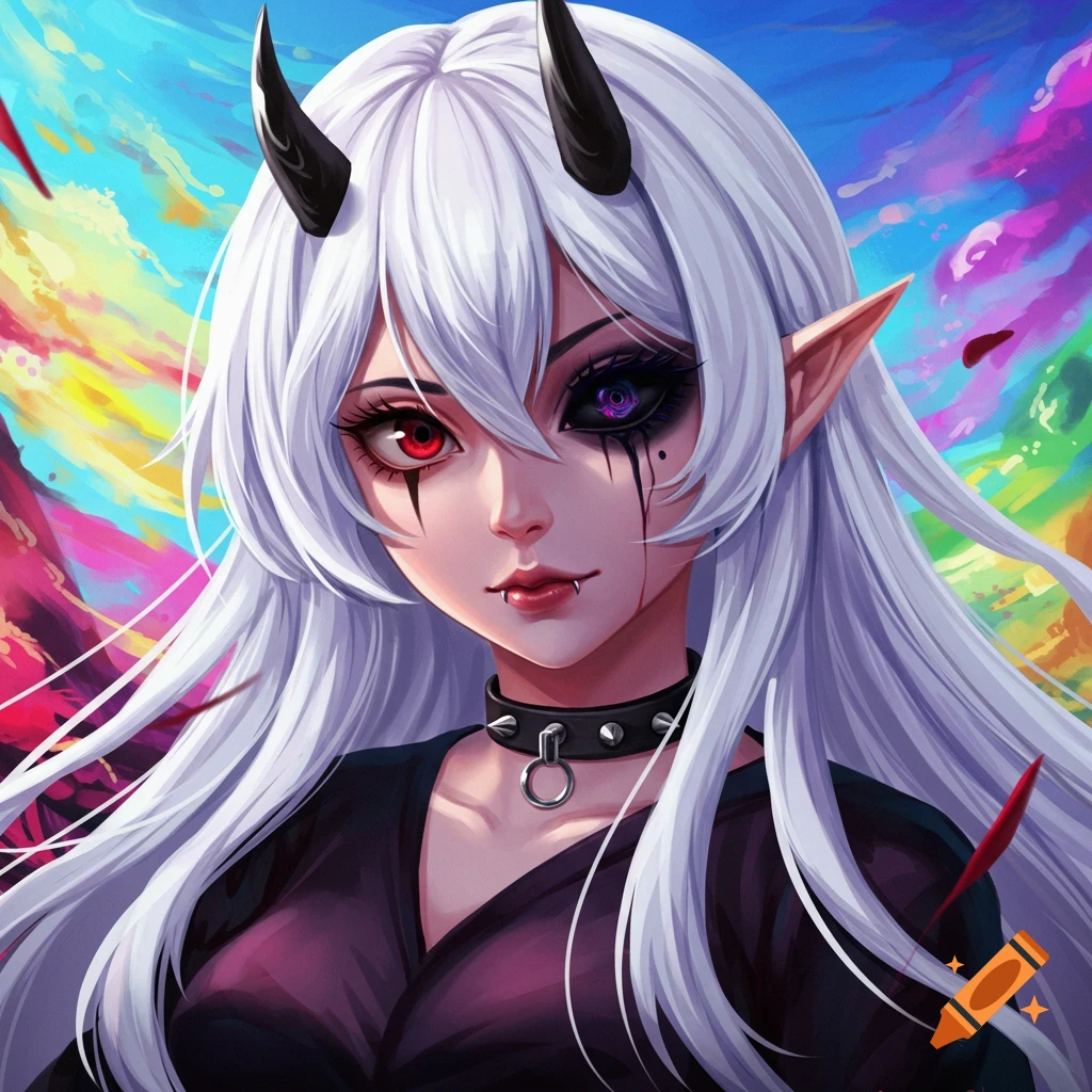 Anime portrait of a fantasy character with white hair, black horns, and mismatched eyes.